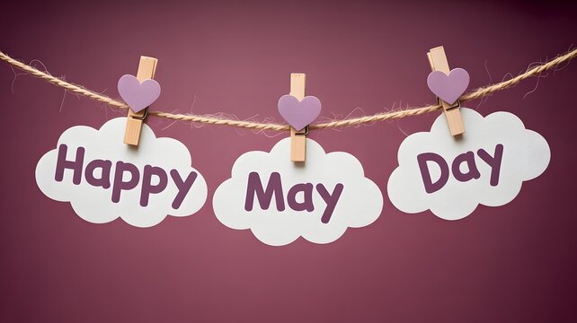 Happy may day text on white cloud shaped paper cutouts hanging from a twine string with purple heart clips