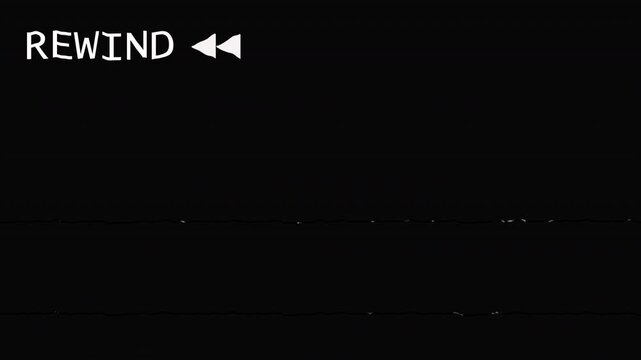 REW VHS with Distortion Noise. VHS rewind animation rewind VHS video tape screen on black background. 