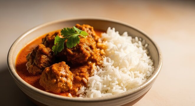 Succulent chunks of slow-cooked goat meat simmered in a rich, aromatic curry sauce, served alongside fluffy white rice in a ceramic bowl, meat, brown, cooking