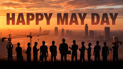 Silhouettes of construction workers standing before a city skyline at sunset with the text happy may day