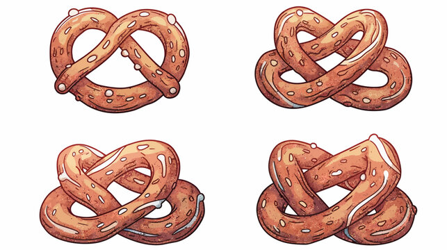 Hand-drawn watercolor-style illustrations of soft pretzels, four different arrangements