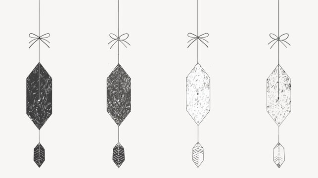 Four geometric pendants with textured fills and delicate bows hang from thin strings