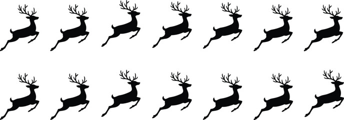 Black silhouette of a group of jumping reindeer or deer isolated on a white background for Christmas holiday and winter wildlife nature design. © Mehedi
