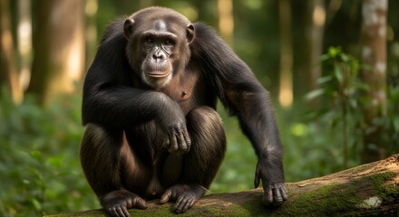 Naklejka premium A chimpanzee sits on a tree branch in a lush forest, looking directly at the camera with a contemplative expression.