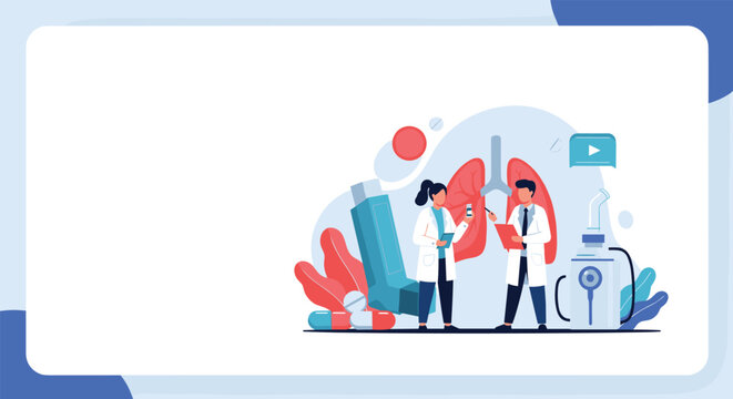 Doctors discussing lung health and respiratory care with an inhaler and medical equipment in the background illustration.