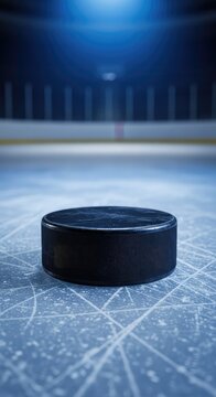 A detailed macro shot of a black rubber hockey puck resting on a scarred ice surface inside a professional arena with cool blue lighting, play, cold, atmosphere