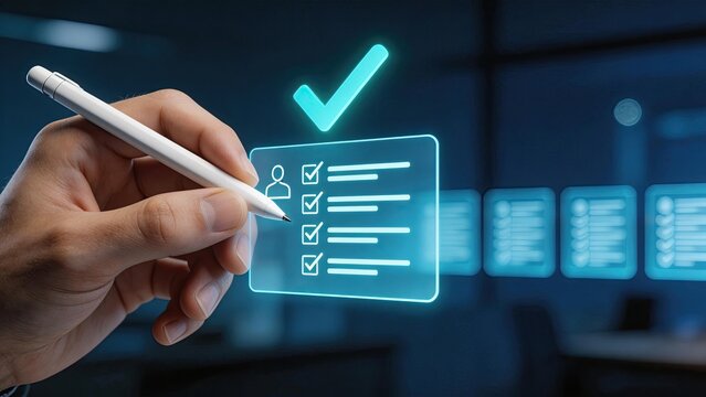 Hand holding stylus pen checking digital checklist with glowing blue checkmark on holographic screen modern office background futuristic technology concept business verification