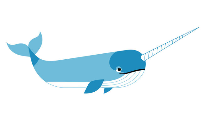 Cute Narwhal Whale with Long Tusk, Arctic Marine Mammal, Flat Design