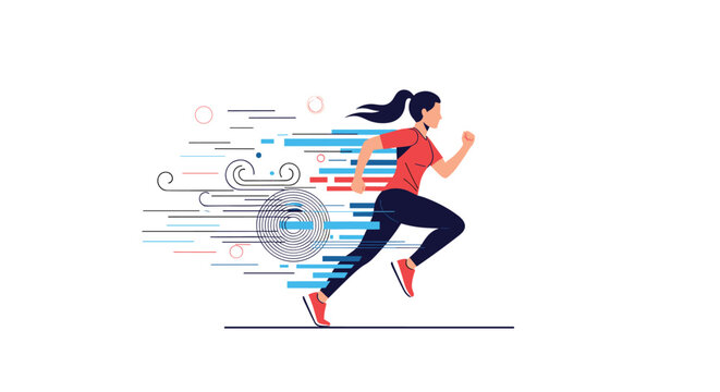 Athletic woman running fast with motion blur effects and abstract shapes symbolizing speed and endurance.