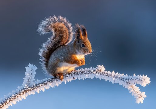 A miniature squirrel the size of a tiny chestnut perches on a frozen branch covered in thick white winter frost during a cold morning, winter, mammal, fluffy