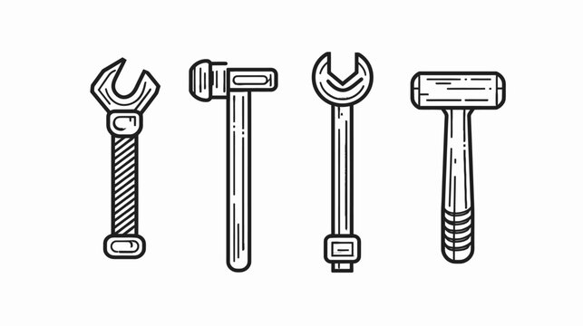 Two wrenches and two hammers, outlined in black, set on a blank, white backdrop