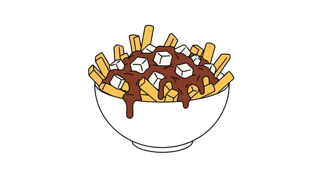 Delicious Poutine Cartoon Illustration: Fries, Cheese Curds, Gravy in Bowl