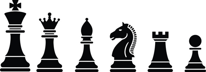 Black silhouette of professional chess pieces set featuring king queen bishop knight rook and pawn isolated on white background for strategic game competition design. © Mehedi