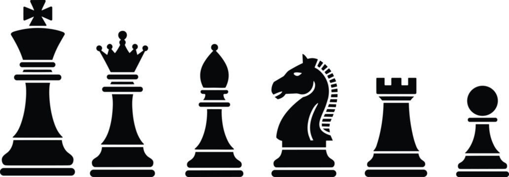 Black silhouette of professional chess pieces set featuring king queen bishop knight rook and pawn isolated on white background for strategic game competition design.