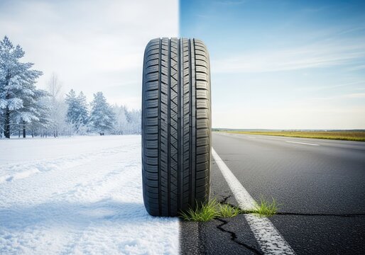 A single all-season tire positioned on a split surface showcasing a snowy winter landscape on one side and a dry summer road on the other, vehicle, detail, wheel