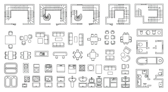 Architectural floor plan icons set, furniture top view symbols for interior design, house layout vector elements for blueprint planning