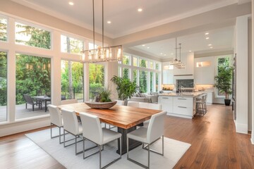 Fototapeta premium Comfortable white dining room interior, featuring a clean design and functional layout for modern living, Generative AI