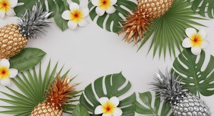 Fototapeta premium Elegant tropical pattern featuring metallic gold and silver pineapples, plumeria blossoms, and lush palm leaves for a luxurious aesthetic, botanical, creative, glamour