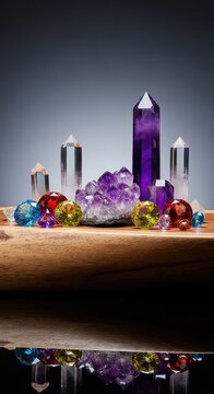 Funkelnde Edelsteine und Amethyst-Kristalle liegen harmonisch arrangiert auf Naturholz f&uuml;r spirituelle Meditation und energetische Balance, Heilung, Energiearbeit, Esoterik