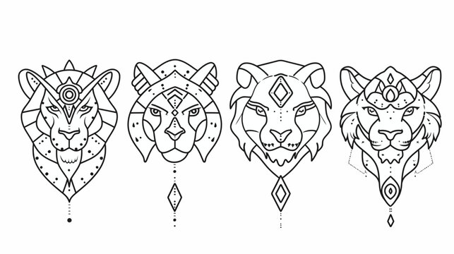 Four geometric lion heads line drawing, each with unique ornate adornments