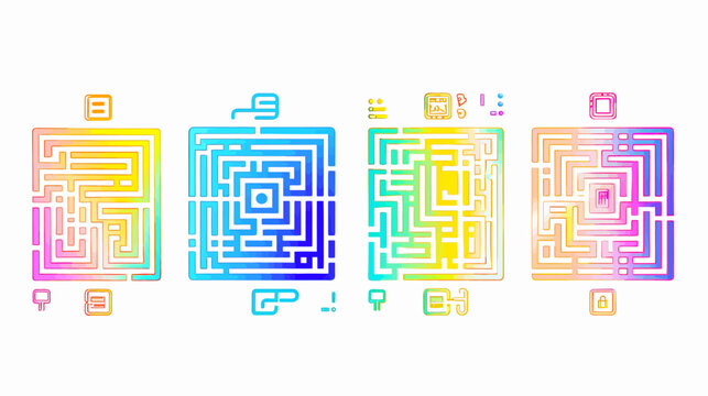 Colorful square mazes with unique start/end point icons in a watercolor style