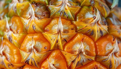 Fototapeta premium A macro close-up of ripe pineapple skin reveals a vibrant yellow tropical texture, showcasing the fresh and exotic detail of this healthy juicy fruit
