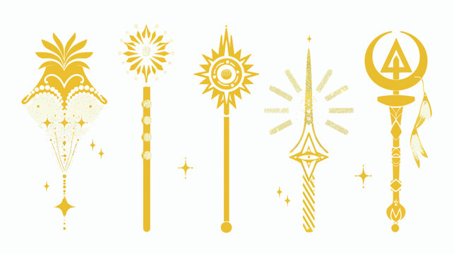Stylized golden scepters with intricate, fantastical details on a white background