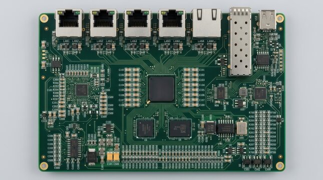 Detailed view of an advanced electronic circuit board with multiple ports and central processing unit