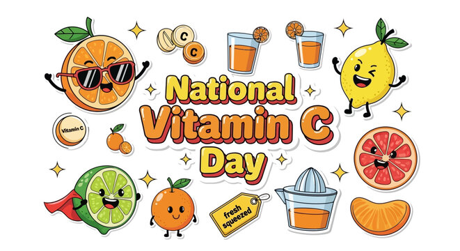 Illustration design celebrating National Vitamin C Day with cartoon fruits and juicer on white background.