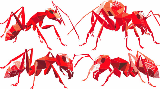 Four angular red ants face each other on white