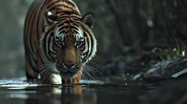 Close up tiger drinking water in jungle river with reflection
