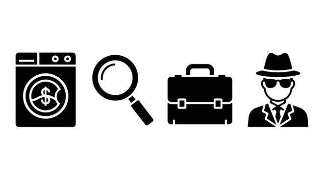 Black icons of spy and money laundering.