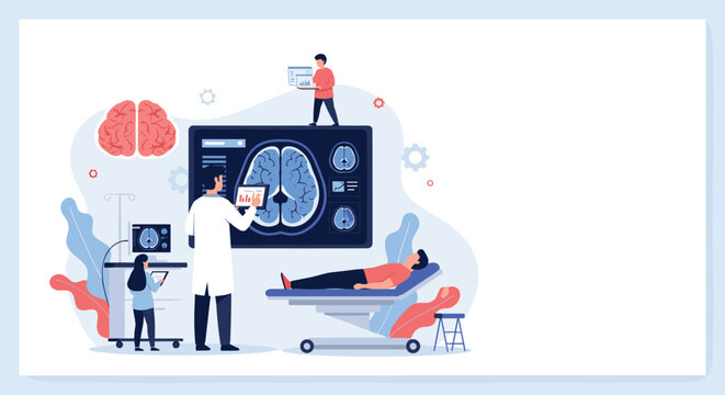 Team of neuroscientists and medical doctors performing a brain scan on a patient to analyze neurological health in a hospital.