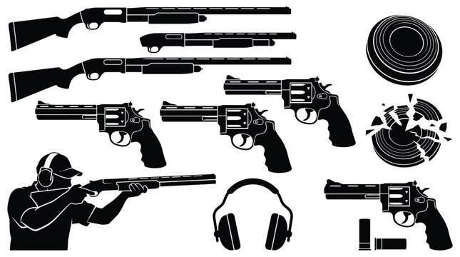 Skeet Shooting and Firearm Silhouette Vector Icon Set with Shotgun Revolver Clay Pigeon and Hearing Protection