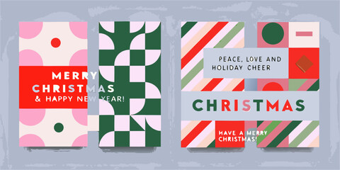 Festive holiday card designs with geometric shapes and christmas greetings © Lalin