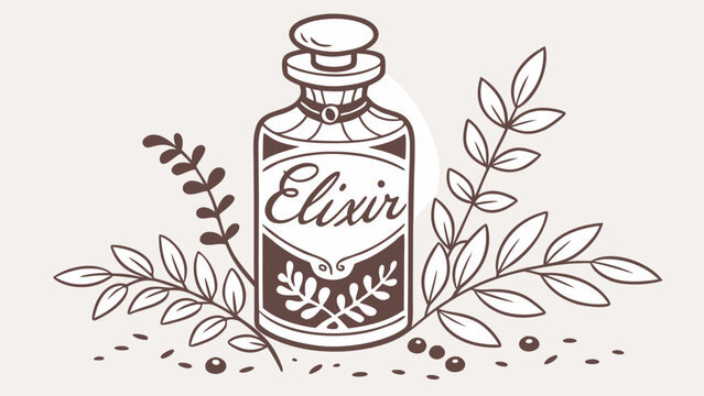Witchcraft potion bottle labeled elixir with herbs and decorative frame. Vintage apothecary illustration perfect for Halloween, magic themes, labels, and gothic design.