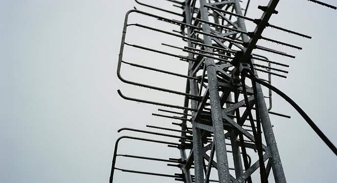 Close-up of a weathered metal television antenna mast against a cloudy grey sky