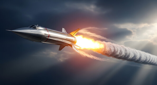 A sleek, silver rocket soars through a dramatic, cloudy sky, leaving a fiery trail and a plume of smoke.