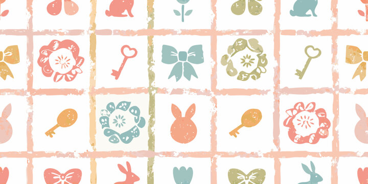 Whimsical easter pattern featuring bunnies flowers keys and bows