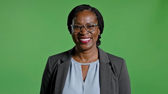 Confident professional woman smiling in formal business attire against green screen