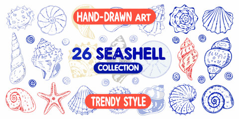 Hand drawn collection of diverse seashells in a trendy stylistic arrangement © Lalin