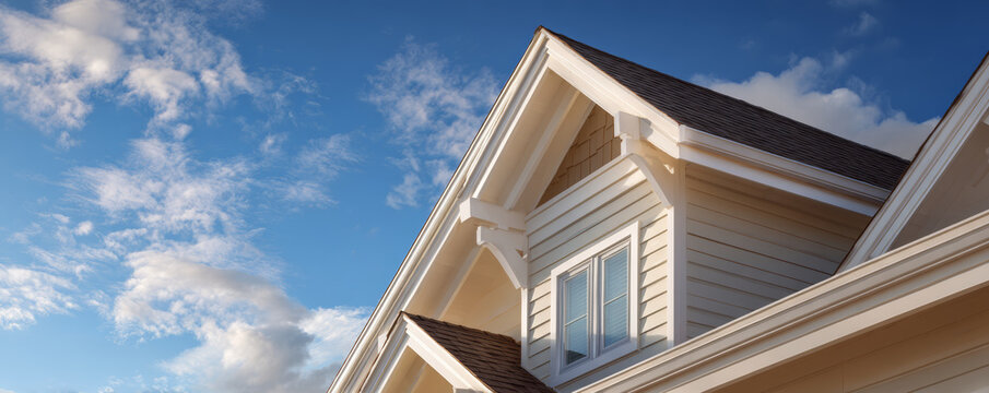 House exterior gable roof vinyl siding white trim residential home blue sky sunny day architecture detail window family house Clean house exterior