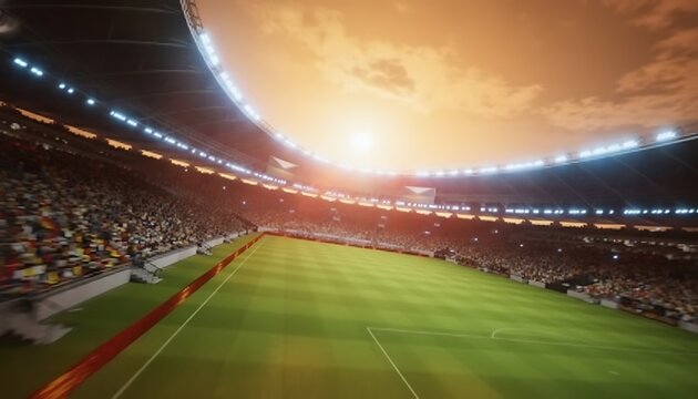 Wide view of a professional soccer stadium with spectators under a dramatic sunset sky