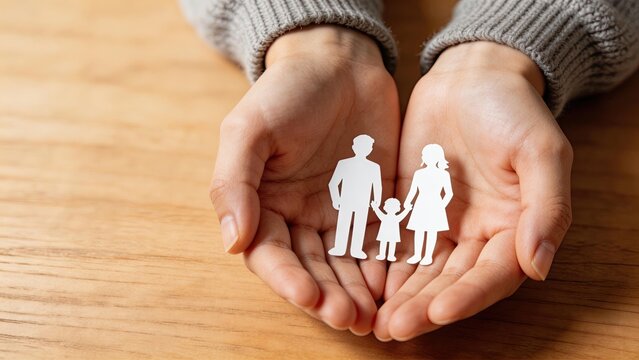 Hands holding paper cutout of family symbolizing protection care love parenting adoption social support unity home safety relationships family planning child welfare insurance
