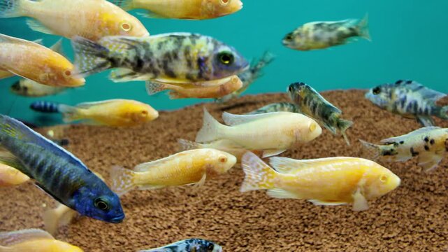 Colorful cichlid fish swimming in home aquarium tank with brown gravel and blue background.