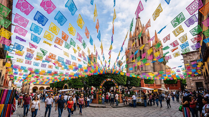 Obraz premium Colorful Papel Picado Decorations Across Mexican Street Festival