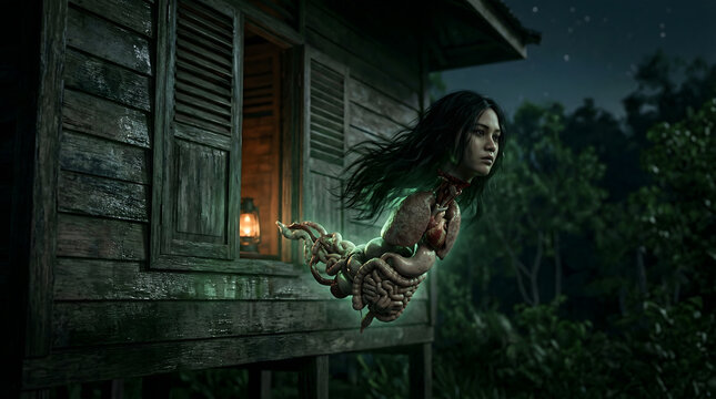 Scary Krasue ghost with floating head and internal organs flying outside a traditional wooden house at night in the dark jungle.