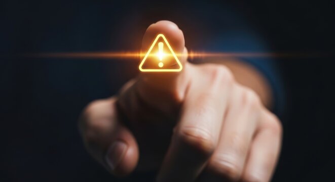 Risk alert and warning: close-up of hand pressing glowing exclamation triangle icon, symbolizing security, caution, compliance, and proactive business risk management

