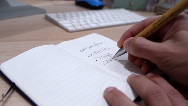 Close-up of a person writing a to-do list in a lined notebook on a wooden desk, with keyboard and computer in soft focus, creating a productive home office workspace scene.