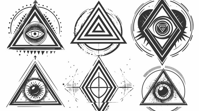 Six geometric illustrations, each featuring a triangle or diamond shape in black and white